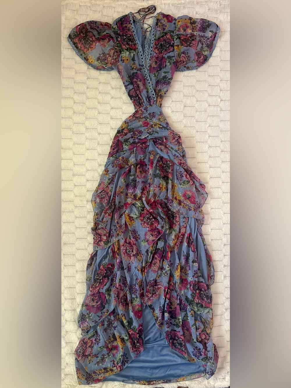 Boohoo Floral Dobby Cut Out Ruffle Maxi Dress Blue Boho Size 6 - Picture 5 of 10